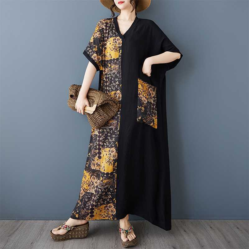 Women's Yellow Flower Spliced Black Long Dress Retro Robe