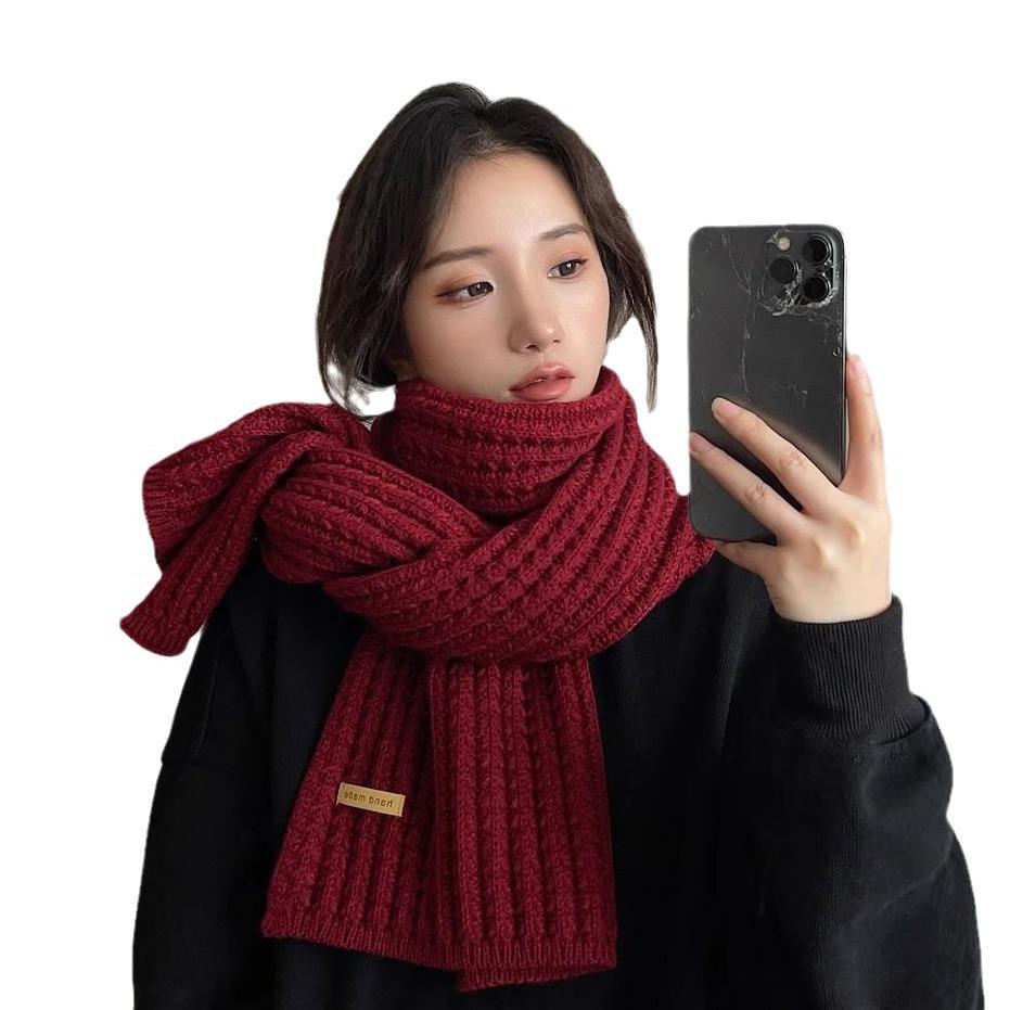 Knitted wool scarf women's winter warm versatile high-end scarf solid color soft waxy thick wool couple scarf