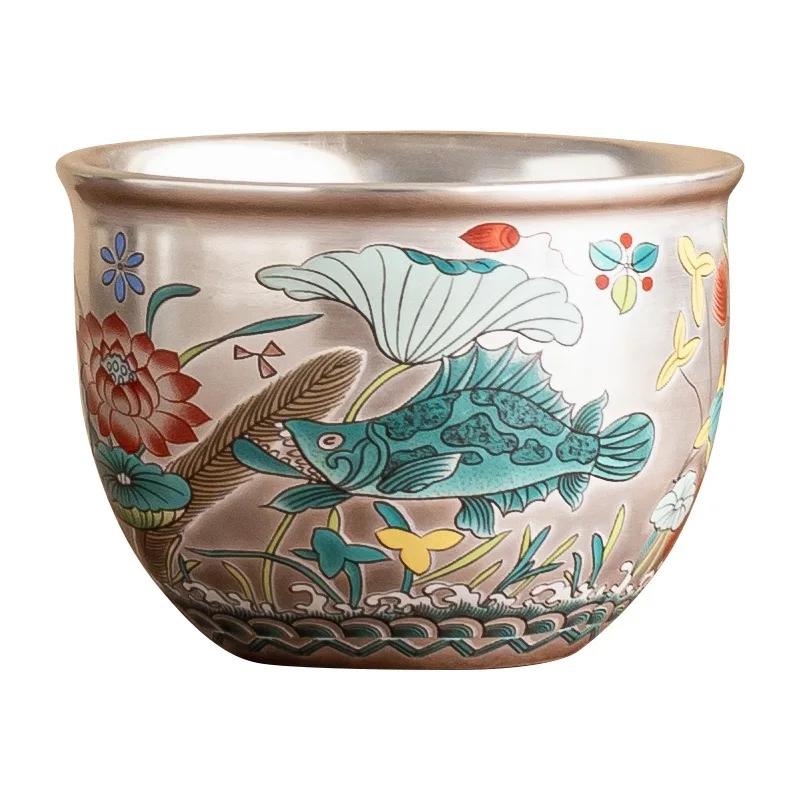 Fish Play Lotus Pond Straight Cup High-grade Hand-painted 999 Silver Master Cup Chinese Traditional Lotus Pond Map Teacup Gifts