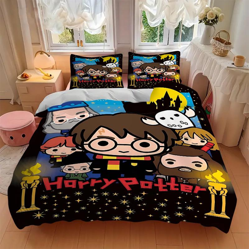 3pcs Magical Night Harry Potter Adventure Bedding Set - Includes Quilt Cover and Pillowcases, Suitable for All Seasons, Machine Washable - I