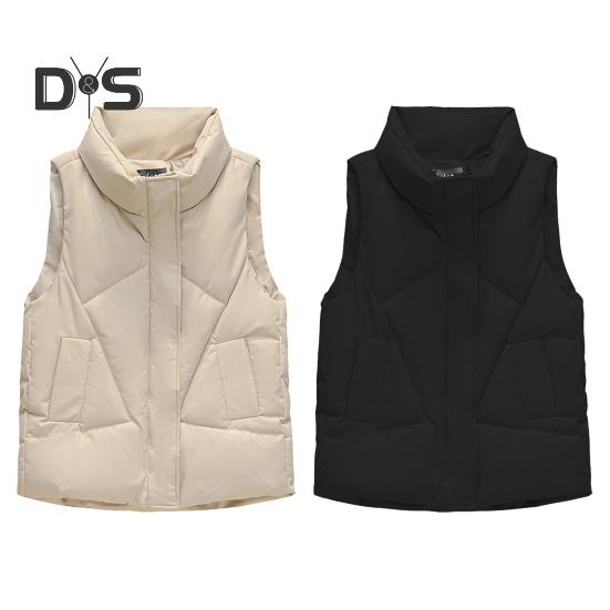 Women Fall Winter Vest Coat Thickened Padded Solid Color Sleeveless Cardigan Zipper Closure Stand Collar Pockets Windproof Warm Women Plus Size