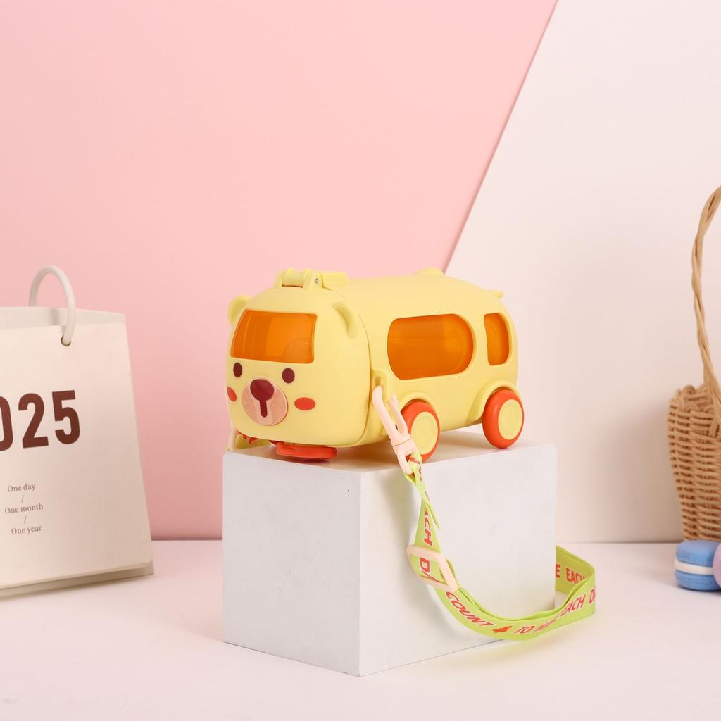 Bus Straw Water Bottle With Strap,Portable Cute Bear Car Water Bottles with Movable Wheels, Leakproof Bear Drinking Jug
