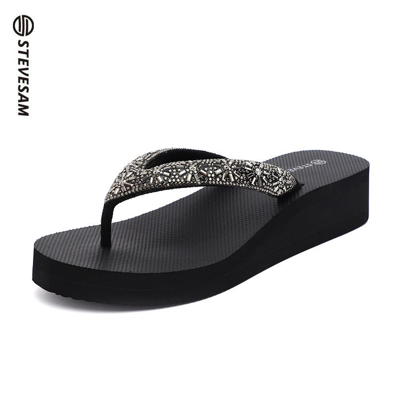 Dámské letní klínkové sandály s kamínky - Protiskluzové, Zvyšující výšku, Neformální plážové oblečení
