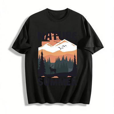 Nature Summer Outdoor Elk Print Casual Mountain Forest Tee Pure Cotton T-shirt