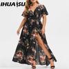 IHUASU L-5XL Women's Fashion Summer Spring Short Sleeve V-Neck Casual Dresses