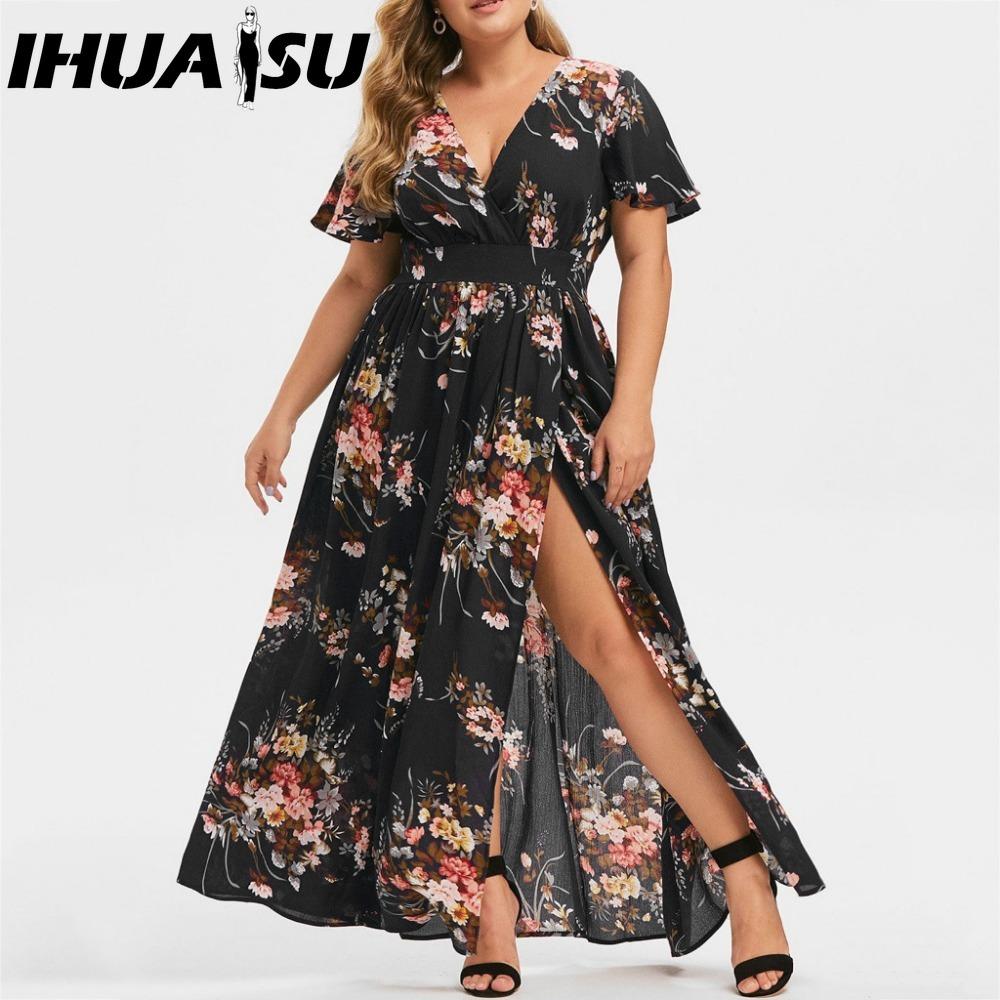 IHUASU L-5XL Women's Fashion Summer Spring Short Sleeve V-Neck Casual Dresses
