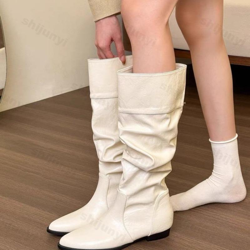 Women Long Boots 2026 Autumn Pointed Toe Leather Knee High Gladiator Fashion Retro Folds Female Flat Long Boots Botas De Mujer