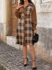 100% Clothing: 2025 Retro Plaid Patchwork Dress with Turn-Down Collar - New European & American Autumn/Winter Workplace Style.
