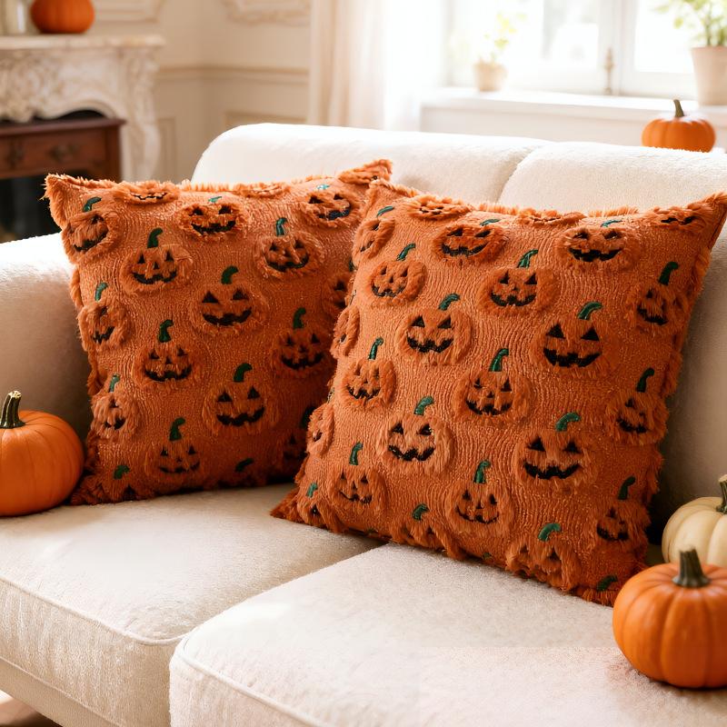 Halloween Pumpkin Ghost Throw Pillow Cover Soft Plush Pillow Cushion Case Velvet Back Pillowcase for Home Living Room Bed Decor
