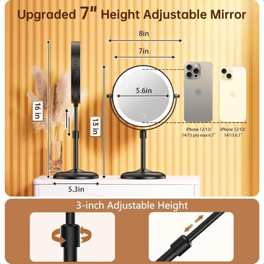 7 Lighted Makeup Mirror with Magnification 10X 1X Height Adjustable 3 Color Dimmable Lights 360 Swivel Double Sided Light Up Re