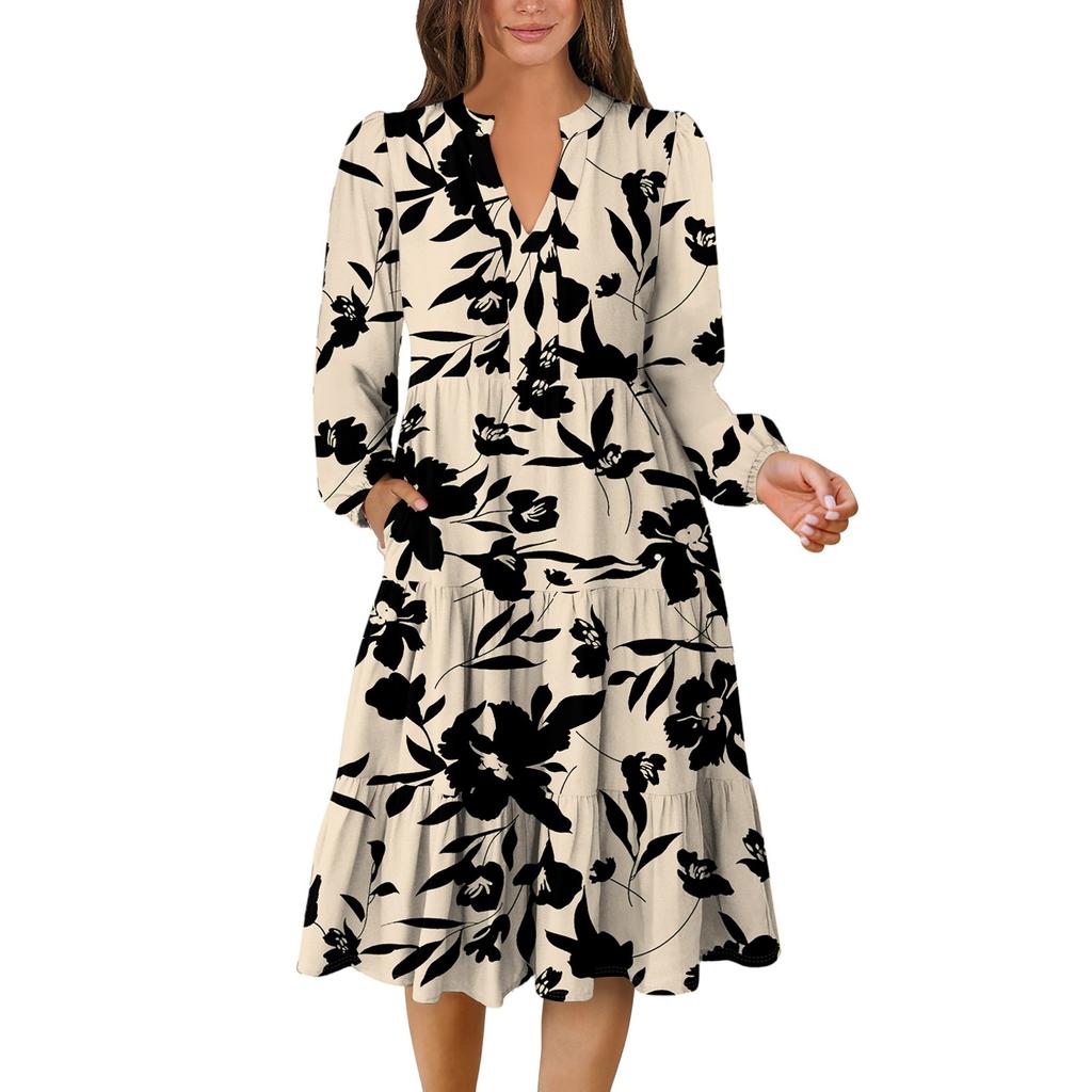 Women's V-Neck Flowing Layered Bohemian Long Sleeve Floral Print Dress