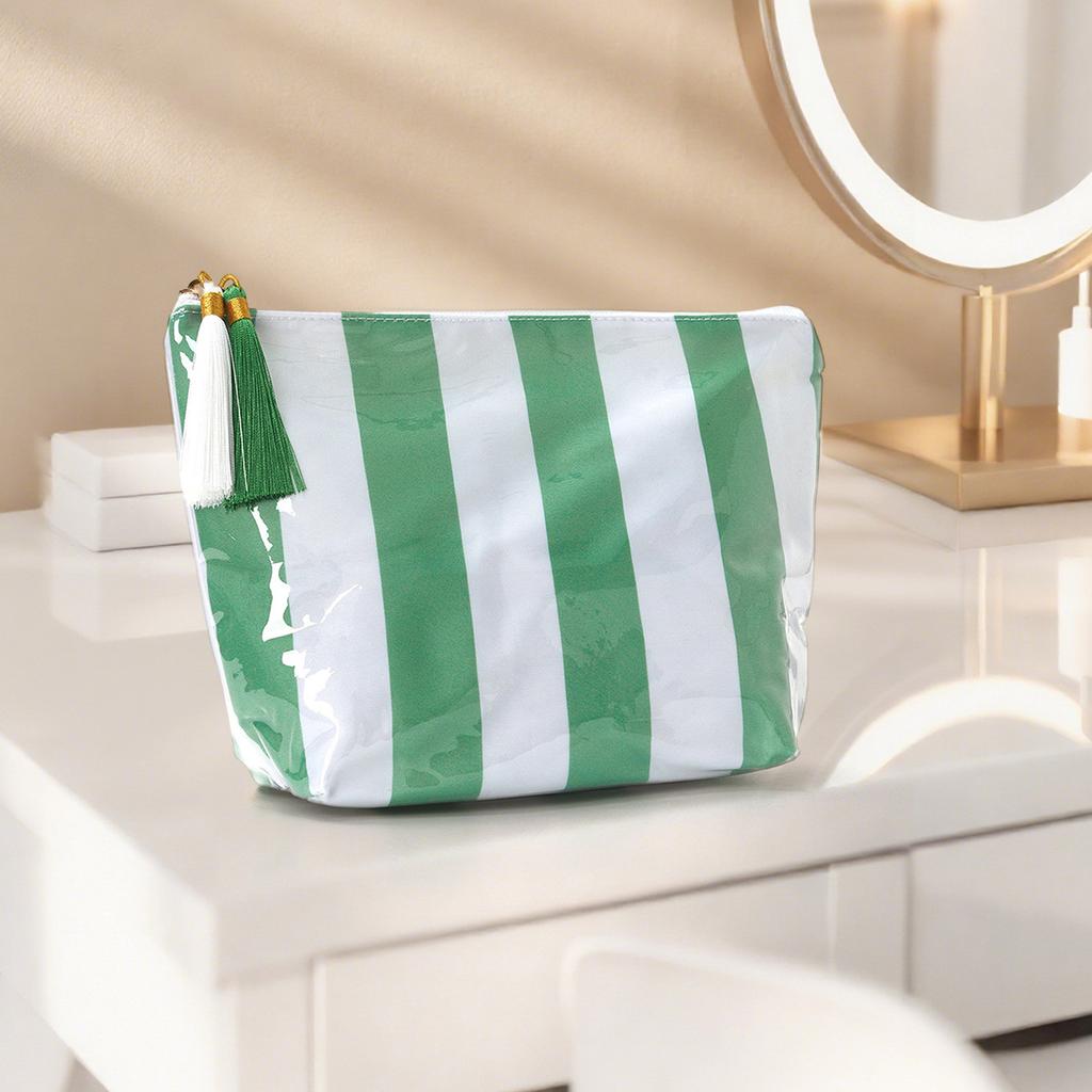 PVC Glossy Striped Cosmetic Organizer with Tassels Portable Travel Toiletry Pouch Trendy Striped Makeup Pack Daily Commute Bags