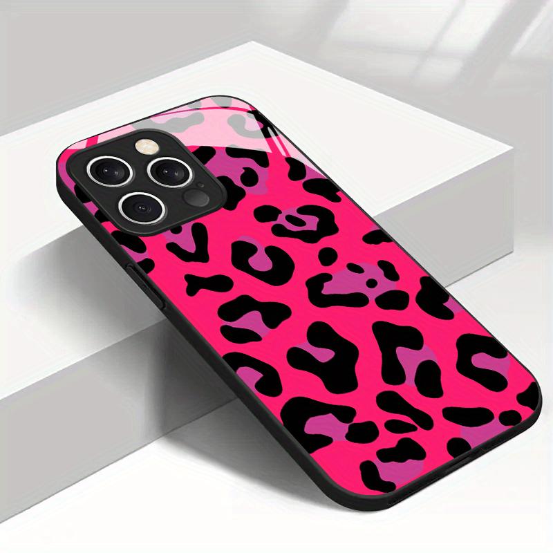Capa de celular de vidro temperado com estampa de leopardo rosa adequada para iPhone 17 16 15 14 13 12 11 Pro/ Max /Plus anti-queda e à prova de choque