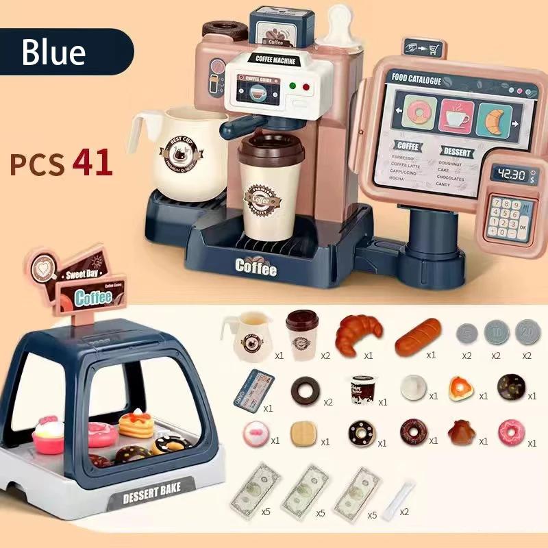 Non-Toxic 3 In 1 Coffee Machine Toy Set Kitchen Toys Simulation Food Bread Coffee Cake Pretend Play Shopping Cash Register Toys For Kids