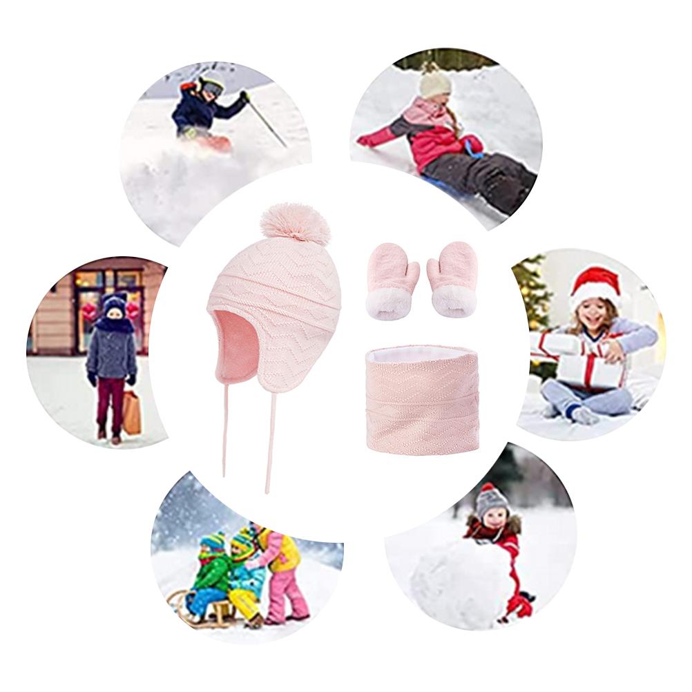 3Pcs Baby Winter Beanie Hat Scarf Gloves Set Knitted Fleece Lined Hat Thick Soft Warm Hat for 1 3 Years Old Kids Boys