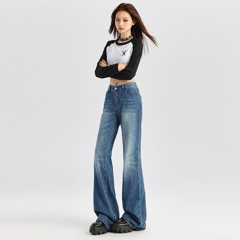 American retro low-rise micro-pull pants women's autumn and winter new slim-fitting non-stick leg flared pants mopping jeans