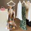Damen Maxirock mit hoher Taille und Falten Lockerer Schnitt Elastischer Bund Ölgemälde Blattmuster A-Linie Ausgestellt Langer Rock Sommer Vintage Freizeitrock