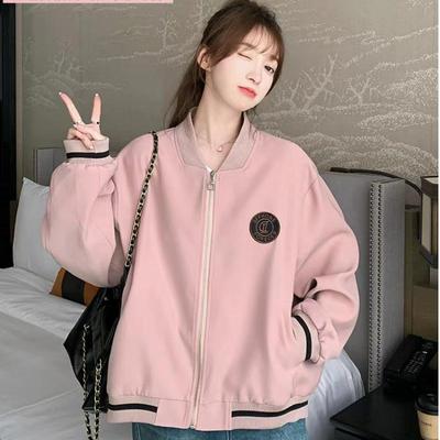 Pink Vintage College Style Women's Baseball Jacket - Spring/Autumn Zipper Coat with Splicing Design