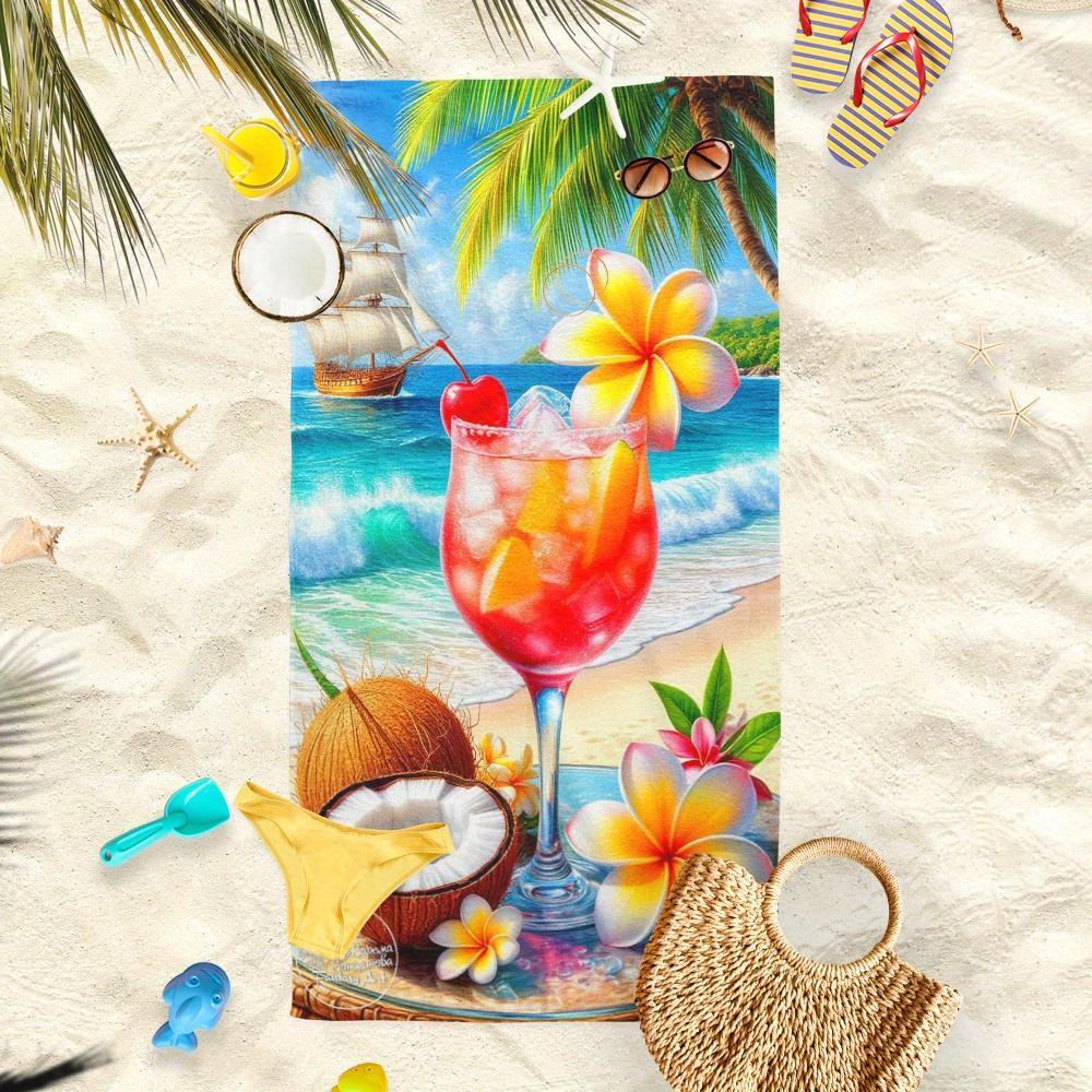 1pc Tropical Beach-Inspired beach towel: Painted Drink, Coconut, Plumeria for Summer Fun hand towel