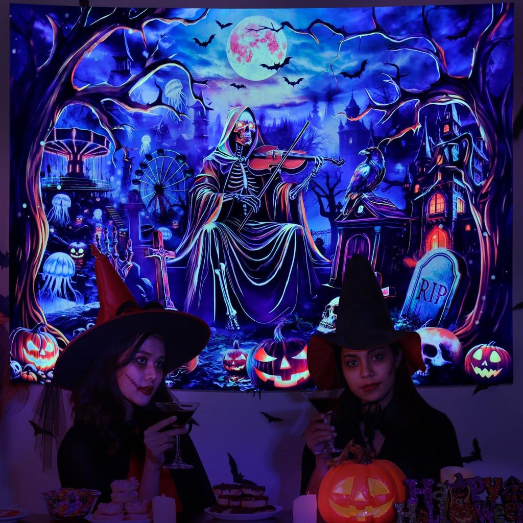 Yuiqear Blacklight Skull Tapestry UV Reactive Halloween Tapestries Psychedelic Moon Castle Tapestries Horror Pumpkin Tree Tapest