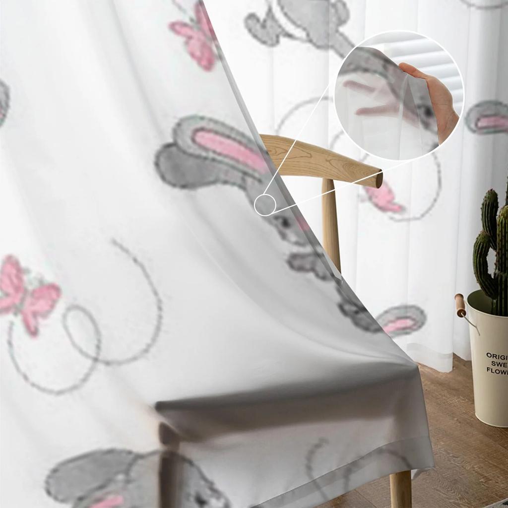 Niedlicher Cartoon-Hase und Schmetterlinge, Tüll-Vorhang für Wohnzimmer, durchsichtiger Volant-Vorhang für Küche, Schlafzimmer, Fenstervorhänge