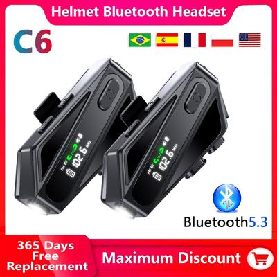1/2PC C6 Motorcycle Helmet Bluetooth Intercom Headset 500M Distance Led Lighting FM Voice CVC Noise Reduction IPX5 Waterproof