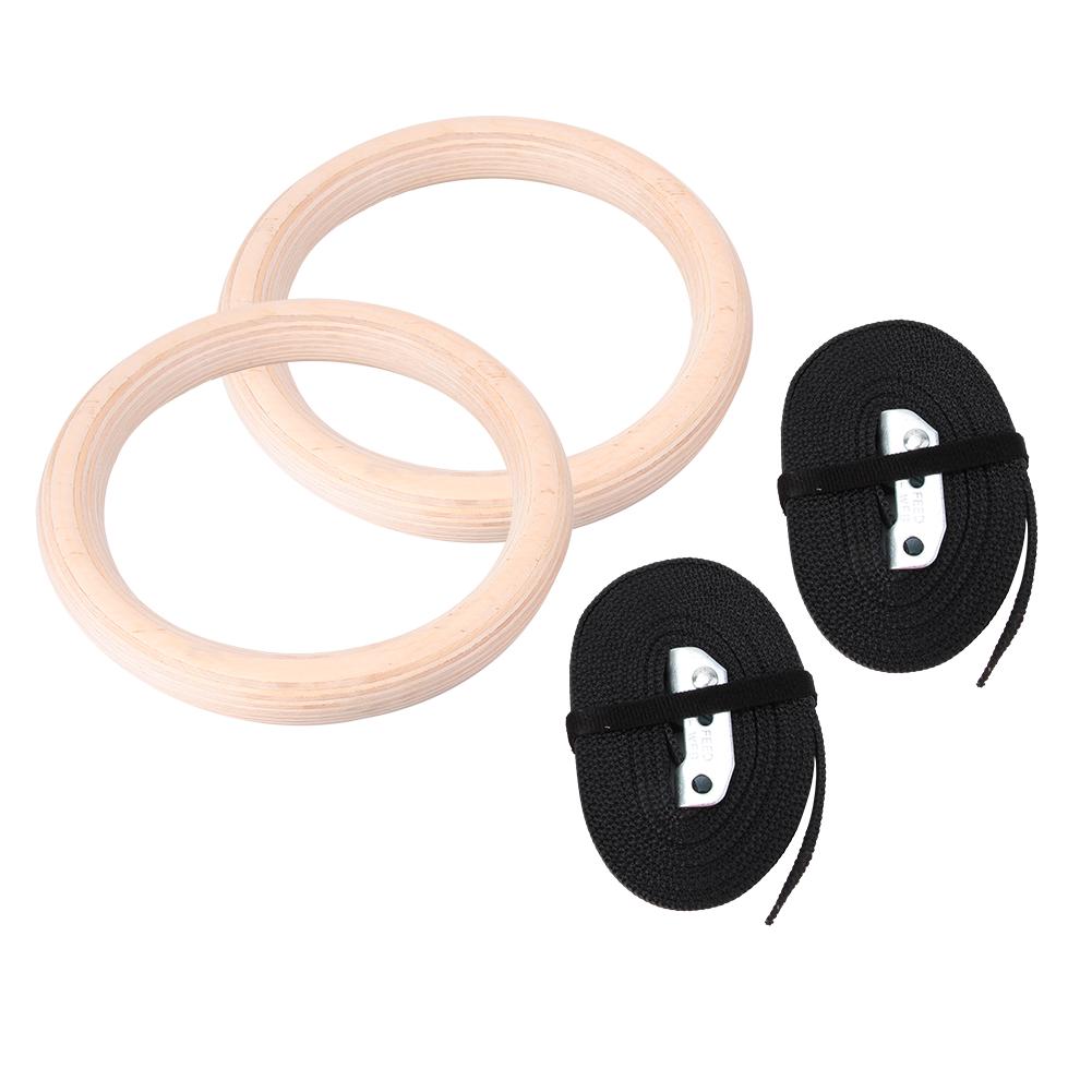1 Pair Wooden Professional Gymnastic Rings Gym Fitness Strength Training with Polyester Straps