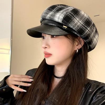 Stitched Plaid Fashion Octagonal Hat for Women In Spring and Autumn Travel Temperament Versatile Little Painter's Hat Showing Face