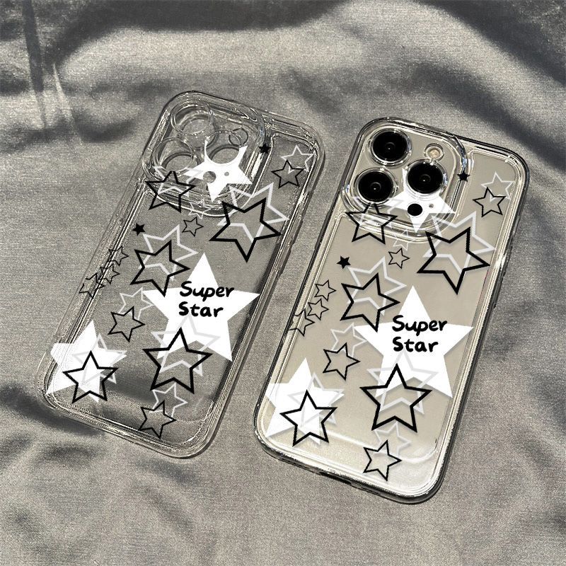 Black and White Hollow Stars for iPhone17promax Space Phone Case 16 Apple 13 All-inclusive 15 Transparent Xs
