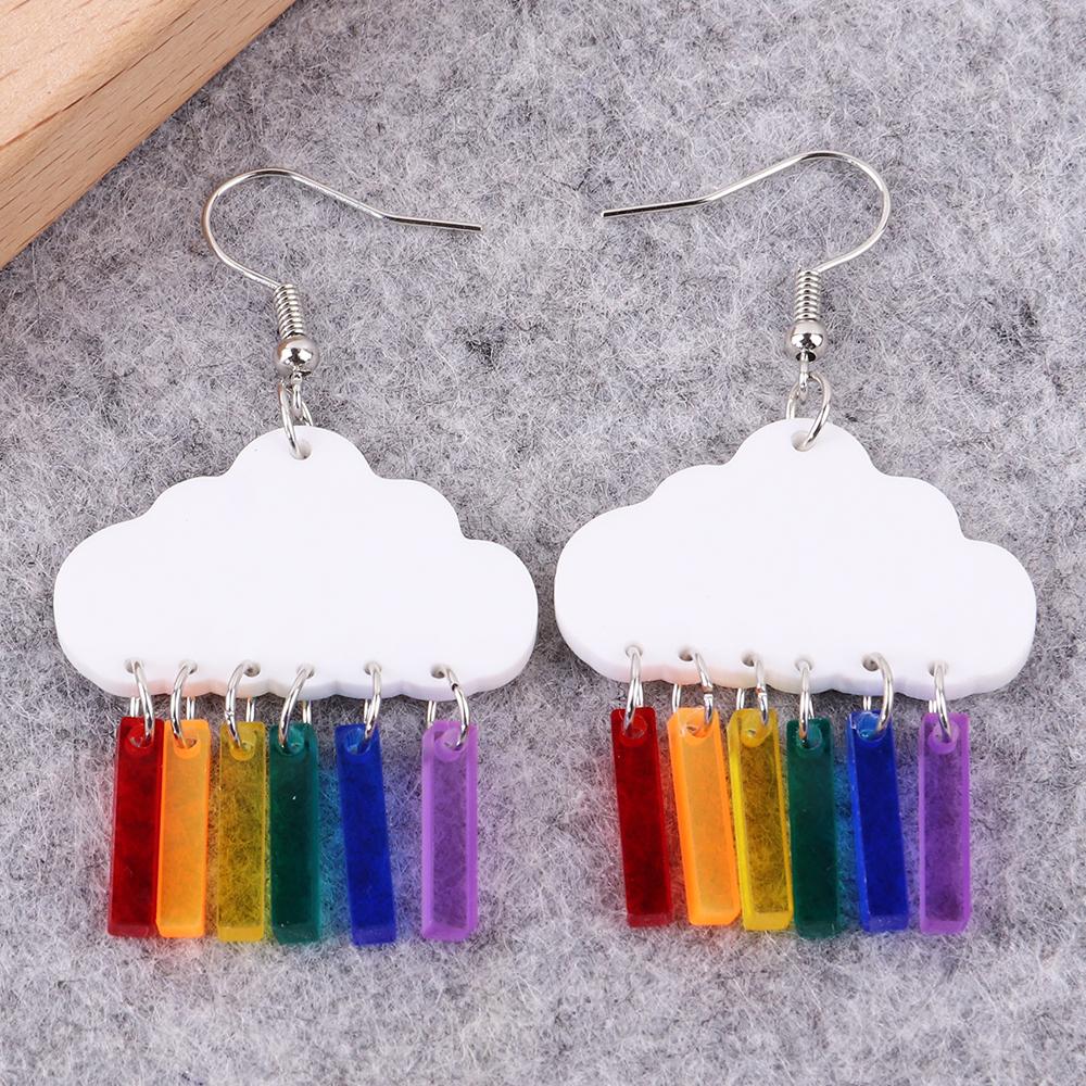Cute Cartoon Clouds Rainbow Raindrop Acrylic Earrings for Women Creative Colorful White Cloud Lightning Moon Rain Transparent Dr