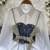 Koreanische Serie Tragen Alter-Reduzierung Set Retro Denim Cami Gestapelt Alle-Matching Puff Sleeve Shirts Zwei-stück Set Top