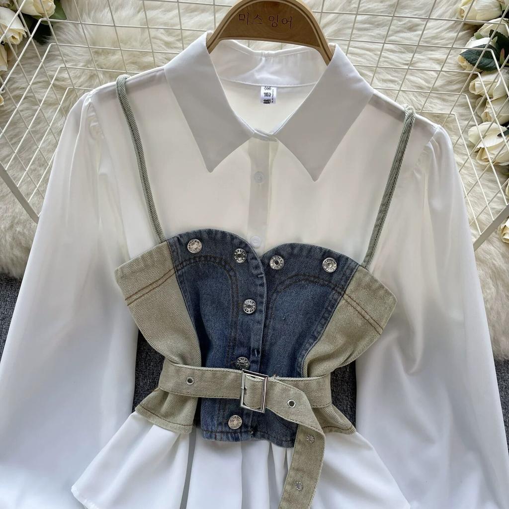 Koreanische Serie Tragen Alter-Reduzierung Set Retro Denim Cami Gestapelt Alle-Matching Puff Sleeve Shirts Zwei-stück Set Top