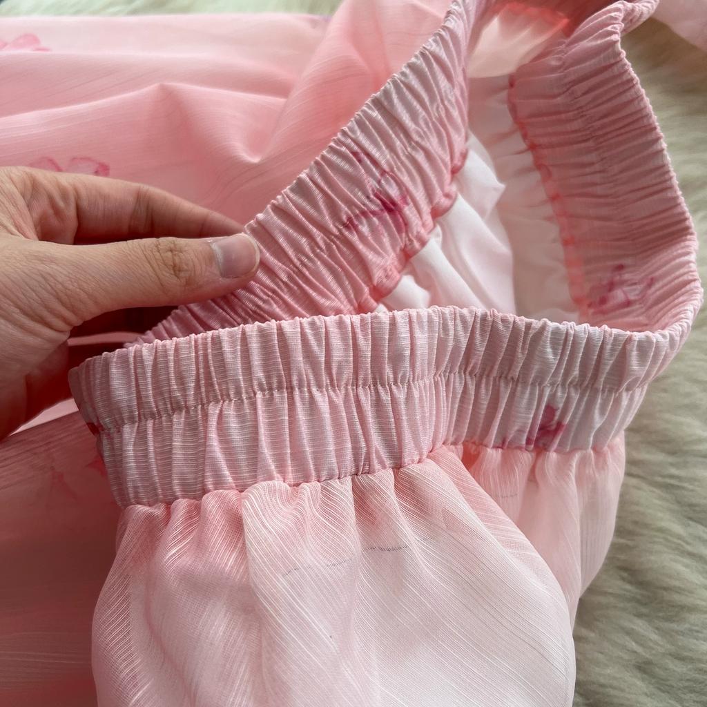 Summer Holiday Organza Gorgeous Flower 2 Piece Set Women Long Lantern Sleeve Shirt Blouse and Elastic Waist A Line Skirt Suit