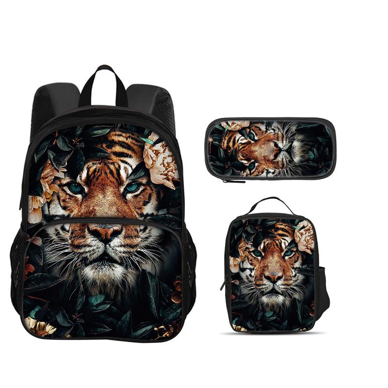 Tijger ronde voorzak, rugzak, etui, koelelement, 3-delige set, dierenprint, beste cadeau voor schoolverjaardagen van jongens en meisjes