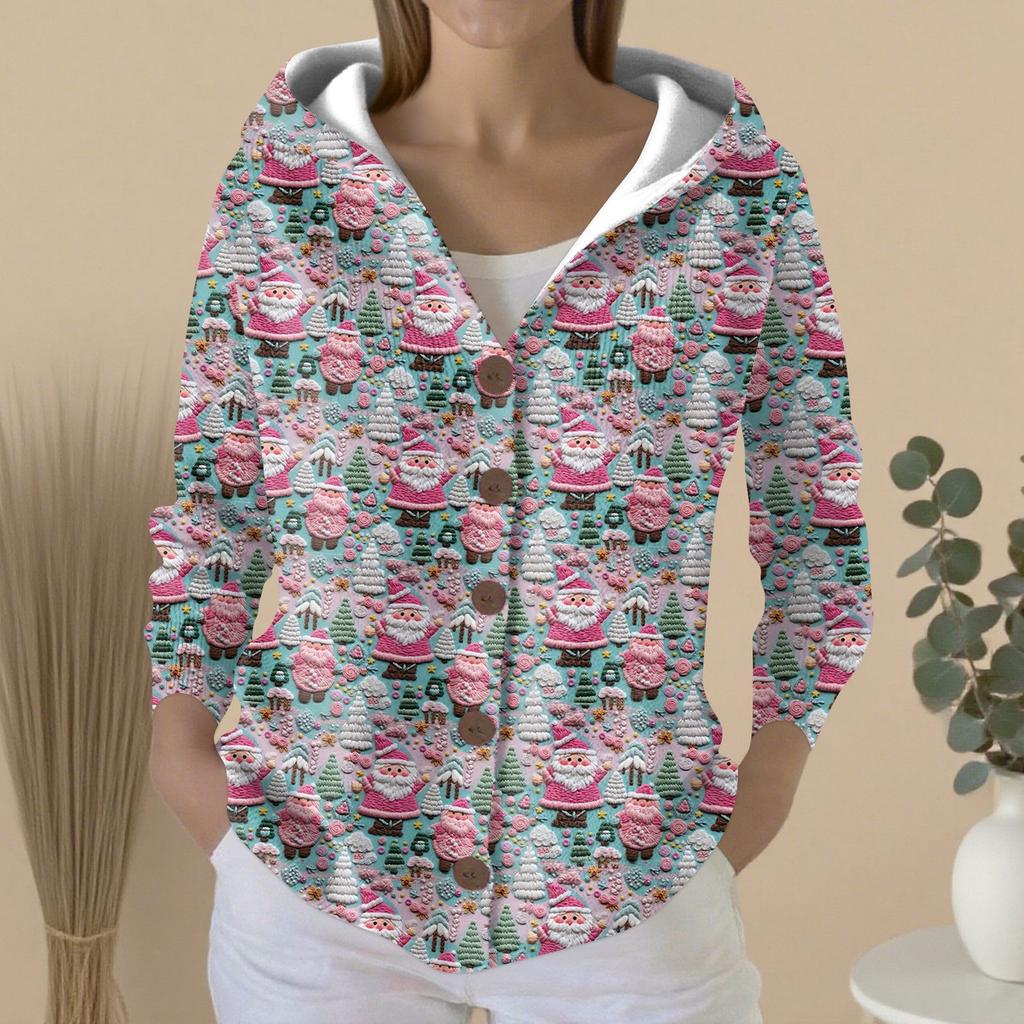 Women's Fashion Casual Sweater Button-Up Print Cardigan  Hooded Jacket