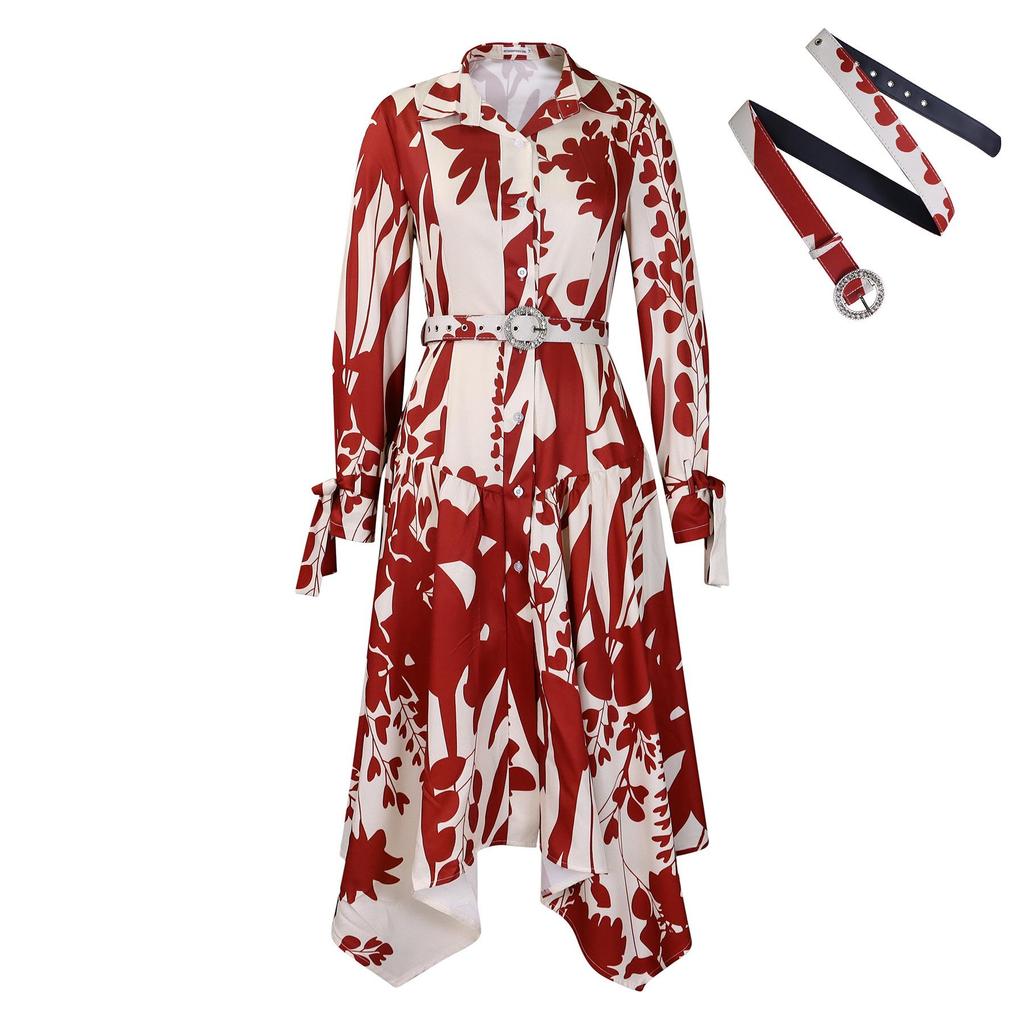 Women's Summer Fashion Print Dress with Turn-Down Collar and Long Sleeves