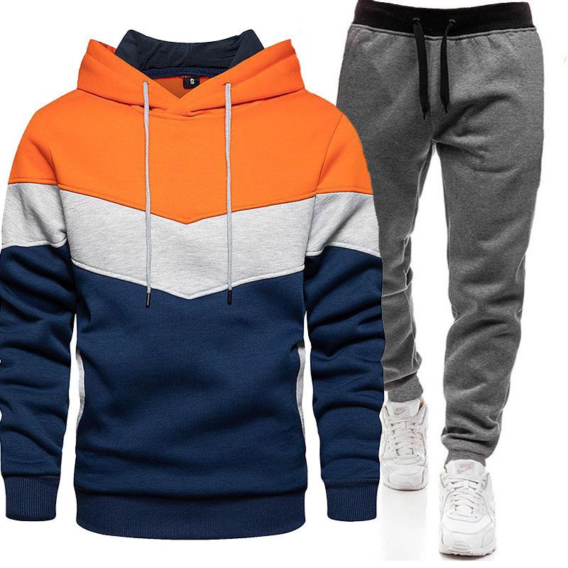 Sports Suit Men's Plus Loose Hooded Sweatshirt Sweatpants Color Blocked 2-piece Set Light Panel