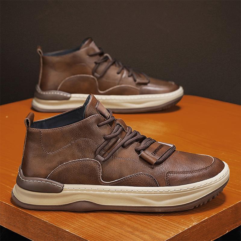 Fashion Leather Men's Boots Breathable Anti Slip Casual Sneakers High Top soft Man Ankle Boots Outdoor Non-slip Walking Shoes