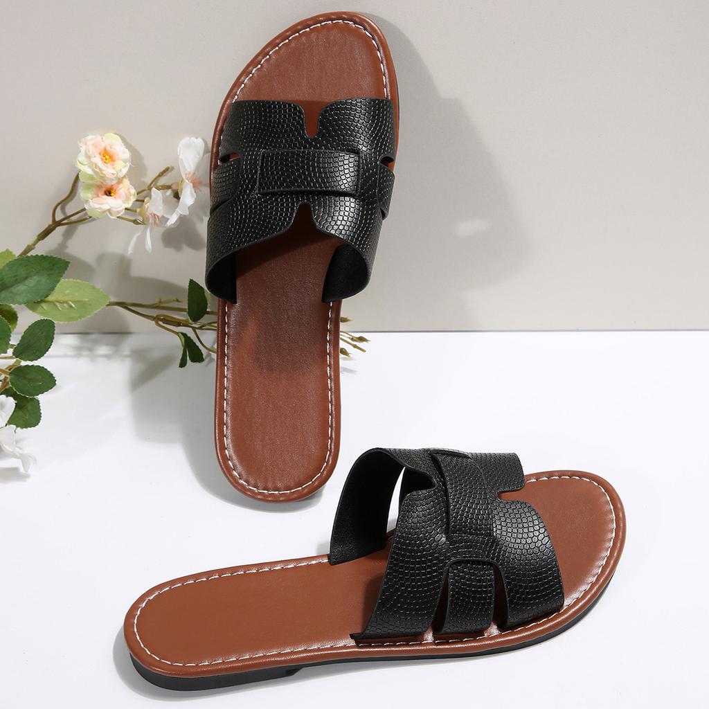 European and American foreign trade large size one word solid color classic round head flat bottom women's slippers 2025 summer new beach slippers wom