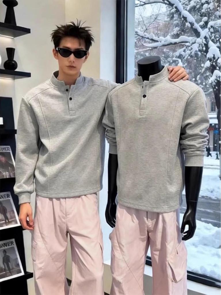 Men's American Style Henley Collar Hoodie: Plain Color, Autumn/Winter Casual Pullover, Long Sleeve Versatile Base Layer.