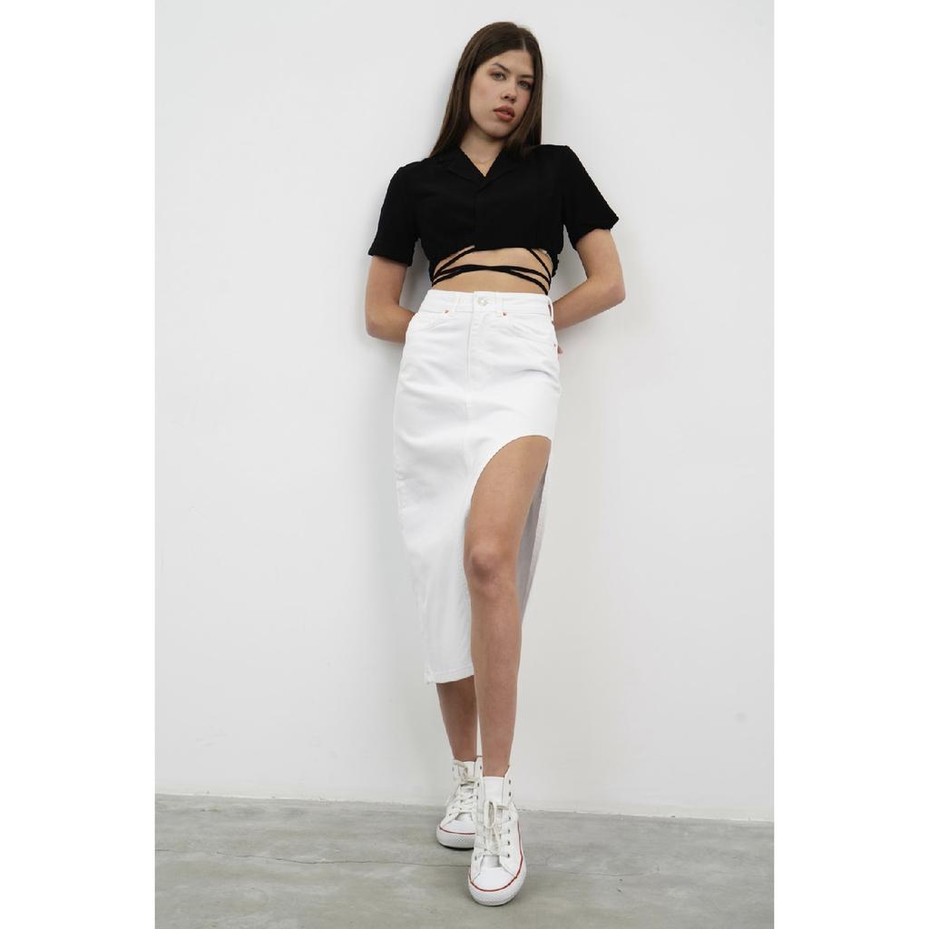 Women's Blue Denim Color Long Denim Skirt With Deep Slit Detail On The Side