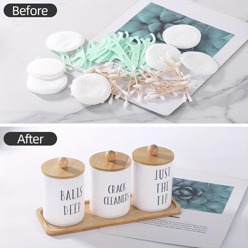 10 Oz Cotton Swab/Ball/Pad Holder with Vanity Tray, Qtip Apothecary Jar, Clear Bathroom Containers Dispenser for Storage 3 Pack