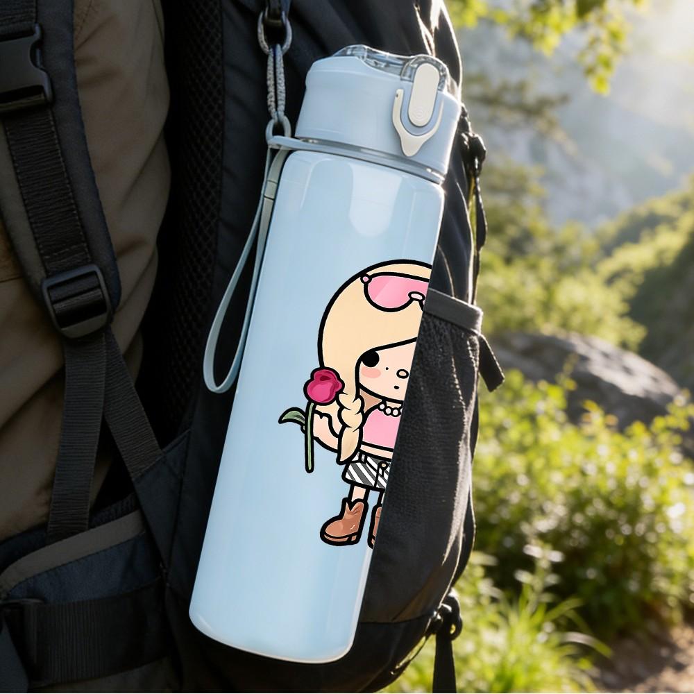 1PC Blonde Doll Girl Cute Cartoon Print 750ml Color Plastic Sports Water Bottle Leakproof Flip Straw Lid Suitable for Sports Office Home Use