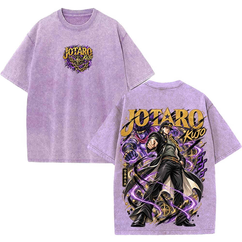 JoJo's Bizarre Adventure Jotaro Kujo Anime T-shirt Men Clothing Vintage Washed Oversized T Shirt Short Sleeve Cotton Tees Tops