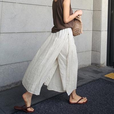 Linen Open Skirt Trousers Female Spring and Summer Loose Large Size Leisure Nine-minute Trousers False Two-piece Cotton Wide-legged Trousers Skirt