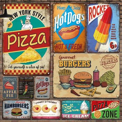 FastFood Decor Pizza Hot Dog Hamburgers Ice Cream Fries Pop Corn Metal Vintage Plaque Retro Metal Poster Tin Sign Kitchen Decor