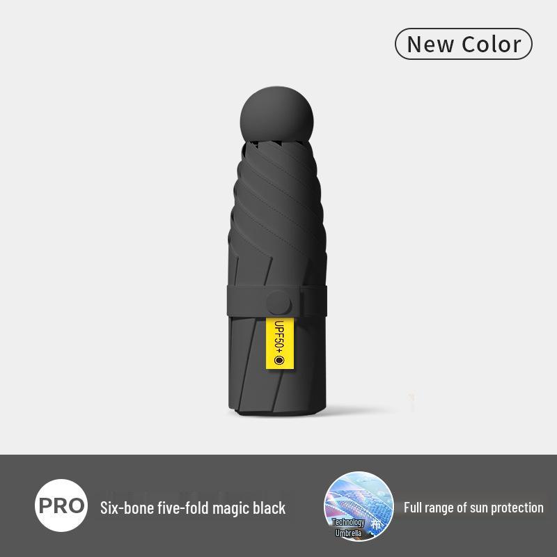 Five-Fold UV Protection Compact Sun and Rain Umbrella, Black Glue Coating.