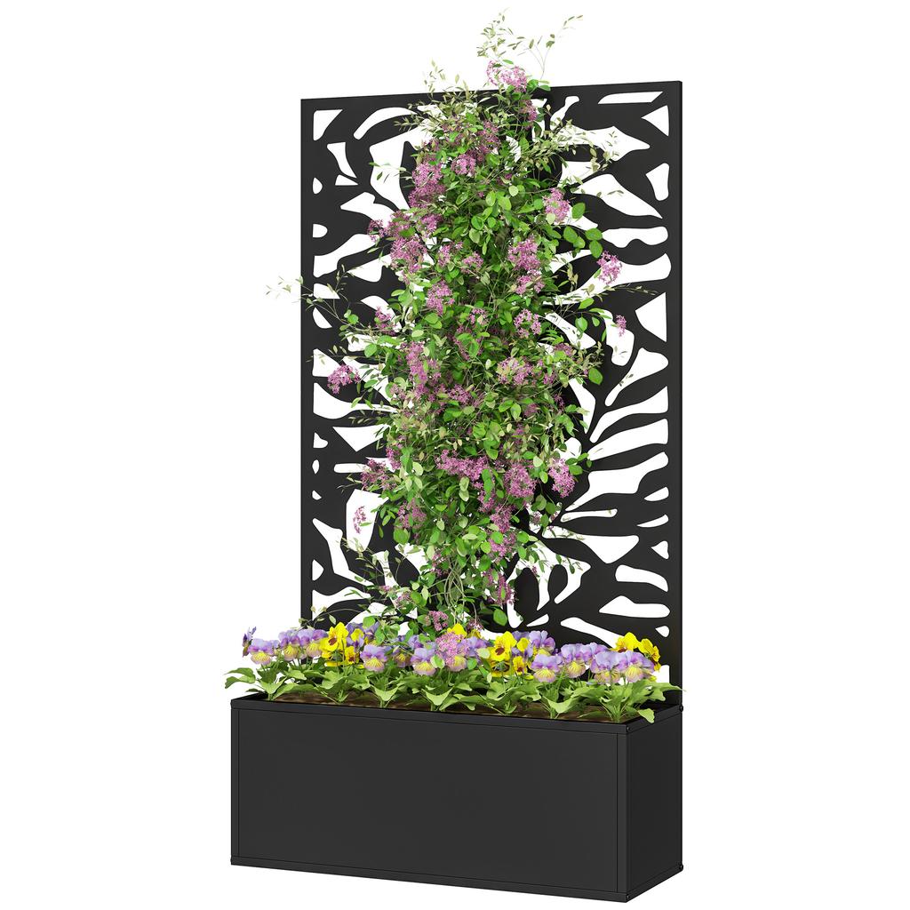 Metal Garden Bed with Trellis, Wall Mounted or Freestanding Raised Planter with Privacy Panel, Black