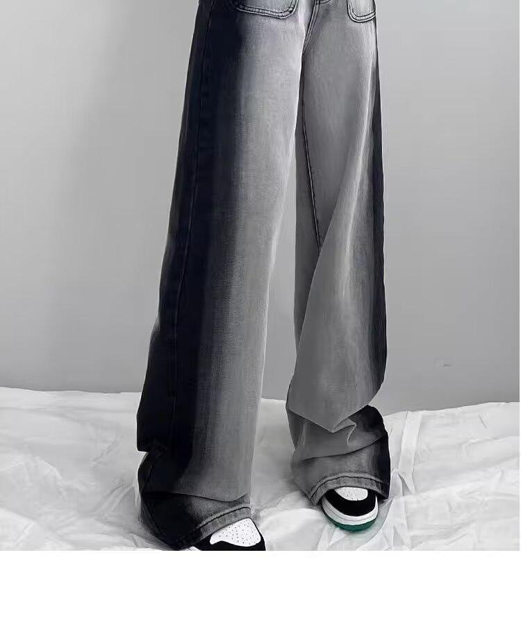 Women's High-Waist Black & Gray Wide-Leg Jeans - Personalized Summer Casual, Slimming, All-Match, Floor-Length Design.
