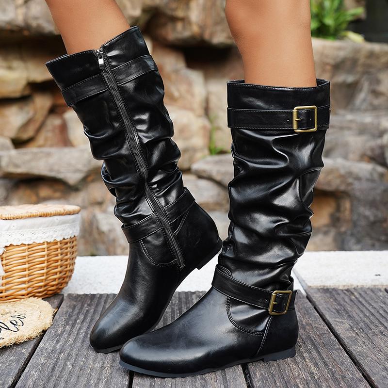 Fashion Pleated Design Flat Knee High Boots Women Retro Brown PU Leather Western Boots Woman Buckle Strap Decor Zipper Long Botas Mujer